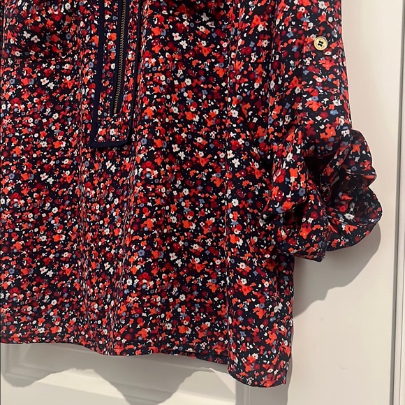 MICHAEL Michael Kors Blue and Red Floral Print 3/4 Sleeve Notched Collar Blouse - Picture 3 of 6